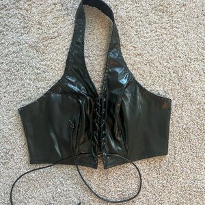 Black fake leather halter cropped corset top